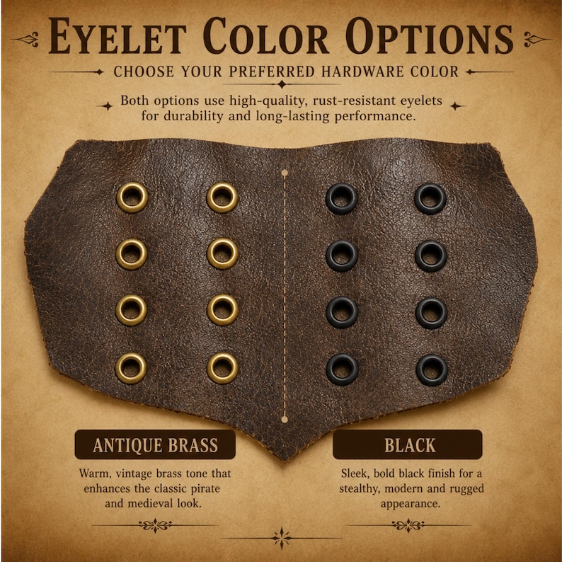 Leather pirate pants showing two eyelet color options, antique brass and black, for the adjustable side-lace hardware.