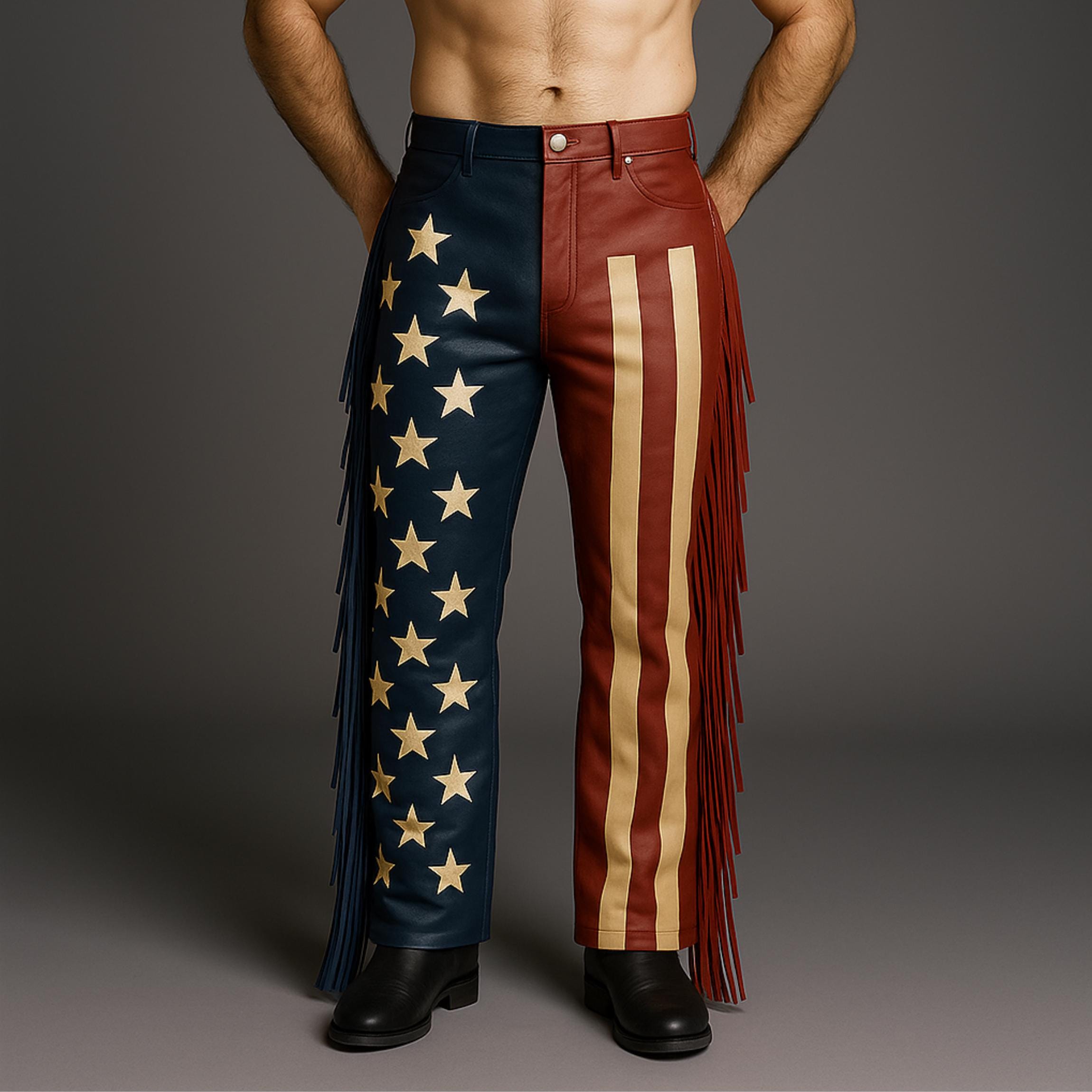 Handmade American Flag Leather Fringe Pants, USA Cowboy Festival Outfit, Patriotic Western Rodeo Chaps, Unisex Country Concert Costume.