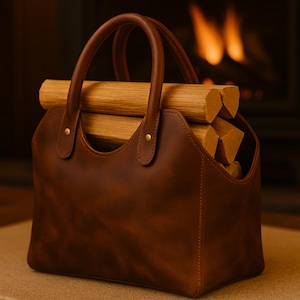 May include: A brown leather log carrier with two handles, filled with firewood. The carrier has a structured shape and is accented with brass-colored rivets. The background features a fireplace with a warm, glowing fire.
