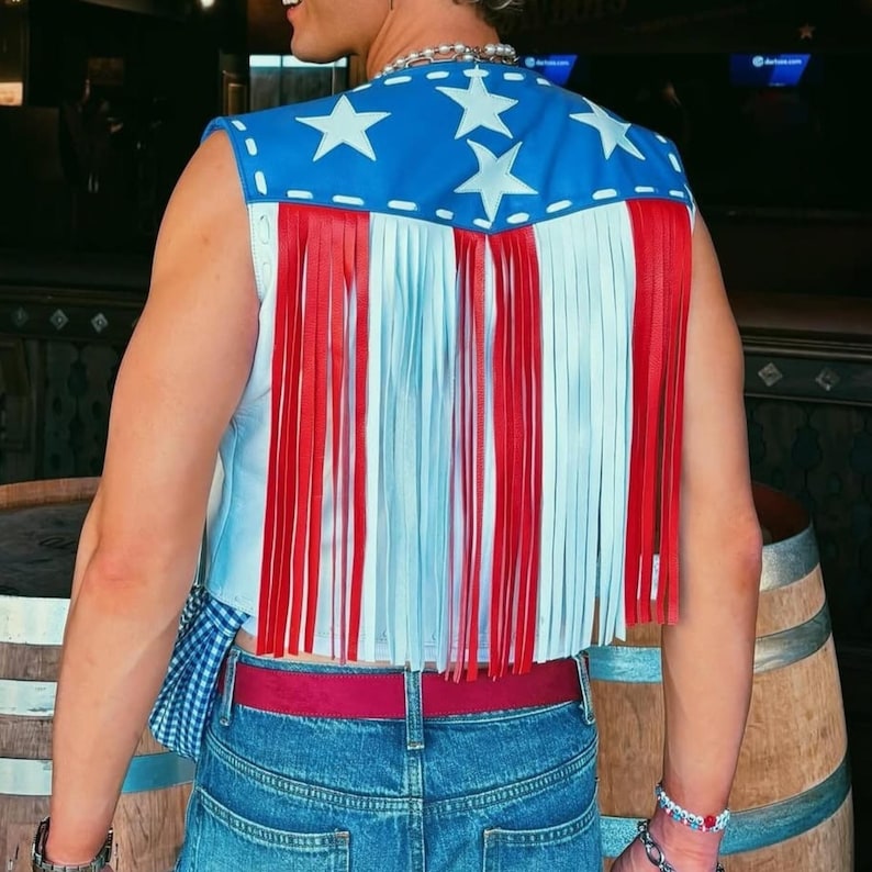 Handmade American Flag Leather Fringe Vest for men and women, patriotic festival wear, genuine leather cowboy vest, Western style outfit, 4th of July rodeo jacket, custom fringed leather vest for unisex fashion.