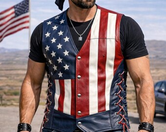 Men's American Flag Leather Biker Vest, USA Patriotic Motorcycle Cowboy Style