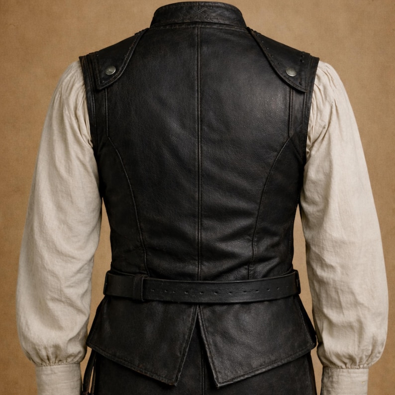 Back view of pirate leather vest in black, vintage steampunk waistcoat style. Ideal for renaissance fairs, medieval cosplay, Halloween, LARP and gothic festival outfits. A perfect handmade gift for pirate fans.