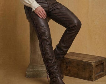 Pirate Leather Pants Mens Lace Up Trousers Renaissance Medieval Pants LARP Costume Gothic Biker Pants Steampunk Cosplay Outfit Festival Wear