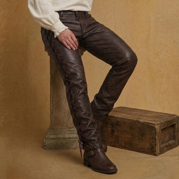 Pirate Leather Pants Mens Lace Up Trousers Renaissance Medieval Pants LARP Costume Gothic Biker Pants Steampunk Cosplay Outfit Festival Wear