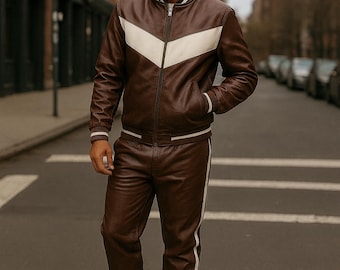 Men's Handmade Leather Tracksuit: Brown Bomber Jacket & Joggers