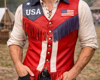 American Flag Vest Mens Leather Fringe Vest Patriotic USA Vest 4th of July Outfit Cowboy Western Vest Mens Festival Outfit Handmade