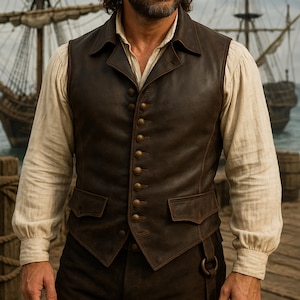 Medieval renaissance pirate vest in genuine leather, inspired by Captain Jack Sparrow style. Steampunk waistcoat featuring rugged distressed finish and antique button detailing. Great for cosplay, Halloween parties, gothic steampunk outfits, renaissance festival costumes, and LARP roleplay. Handmade leather vest makes a bold men’s festival outfit and unique pirate costume gift.
