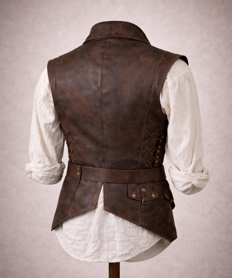 Handcrafted leather pirate vest for men, Renaissance festival and medieval LARP costume, Buccaneer cosplay outfit, Halloween pirate vest, distressed genuine leather, antique button details, soft lining, adjustable fit, perfect for cosplay, pirate-themed parties, steampunk events, Gothic outfits, and festival adventures.