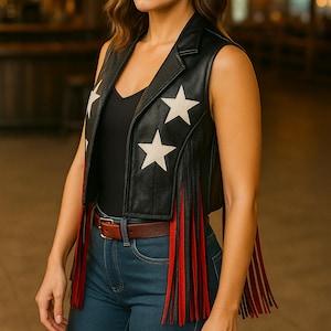 Colete de couro com franjas estilo western feminino, traje de cowgirl com estrelas pretas e vermelhas, jaqueta para festival de rodeio, roupa para shows country, colete de motociclista patriótico.