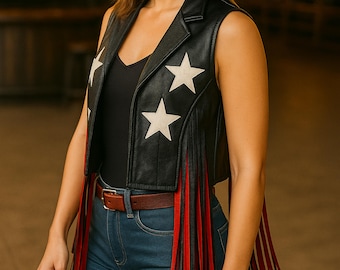 Women&#39;s Western Fringe Leather Vest, Black & Red Star Cowgirl Outfit, Rodeo Festival Jacket, Country Concert Clothing, Patriotic Biker Vest.