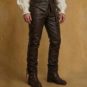 Men’s pirate leather pants with lace up sides, inspired by renaissance and medieval trousers, perfect for LARP costume and cosplay outfit.
