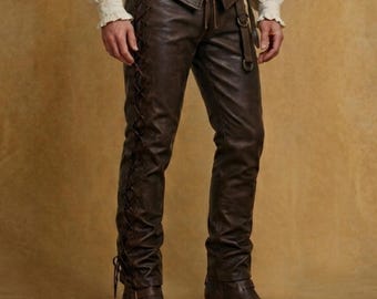 Pantalones de cuero pirata para hombre, pantalones con cordones, pantalones medievales renacentistas, disfraces LARP, pantalones de motociclista góticos, atuendo steampunk para cosplay, ropa para festivales.