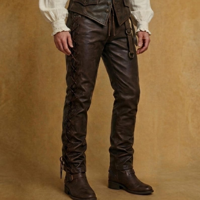Men’s pirate leather pants with lace up sides, inspired by renaissance and medieval trousers, perfect for LARP costume and cosplay outfit.