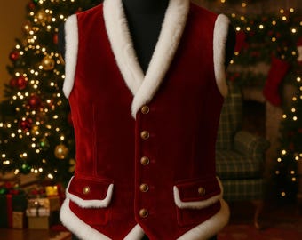 Gilet de Noël pour homme en velours rouge avec bordure en fausse fourrure blanche, gilet de costume de père Noël, tenue de vacances faite main, cadeau de gilet de Noël pour lui.