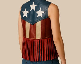 Handmade American Flag Leather Fringe Vest, 4th of July Patriotic Outfit, Western Cowboy Rodeo Jacket, Unisex Festival Leather Wear.