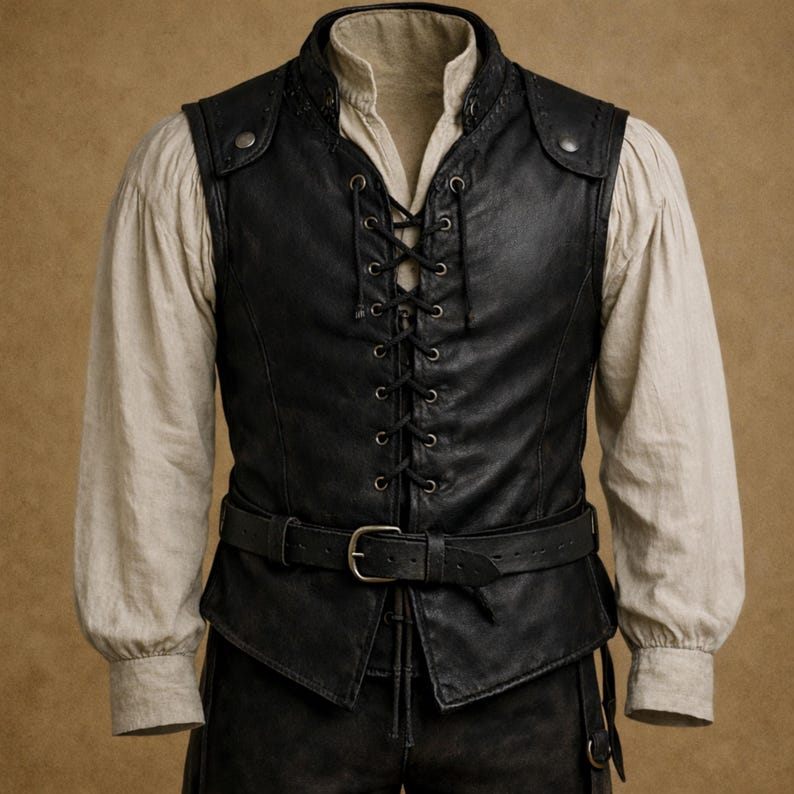 Handmade pirate leather vest crafted from genuine Black leather. Vintage captain style waistcoat with lace up front, ideal for renaissance fairs, cosplay, steampunk events, LARP, Halloween and men’s festival fashion.