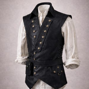 Mens Leather Pirate Vest, Renaissance and Medieval LARP costume, Buccaneer cosplay waistcoat, Halloween pirate outfit, handmade genuine leather, rugged antique-style design, adjustable fit for all sizes, ideal for cosplay events, pirate festivals, Renaissance fairs, fantasy roleplay, Halloween parties, and steampunk fashion enthusiasts.