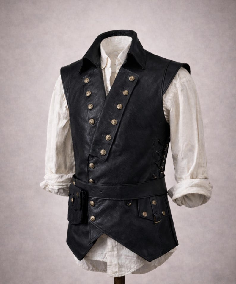 Mens Leather Pirate Vest, Renaissance and Medieval LARP costume, Buccaneer cosplay waistcoat, Halloween pirate outfit, handmade genuine leather, rugged antique-style design, adjustable fit for all sizes, ideal for cosplay events, pirate festivals, Renaissance fairs, fantasy roleplay, Halloween parties, and steampunk fashion enthusiasts.