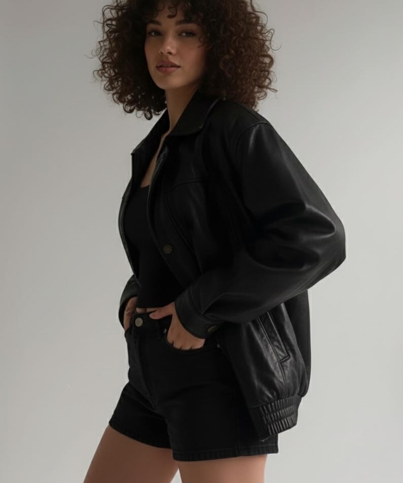Winter Sheepskin Leather Jacket for Women, Handmade Oversized Bomber with Pockets and Button Front, Black Outerwear.