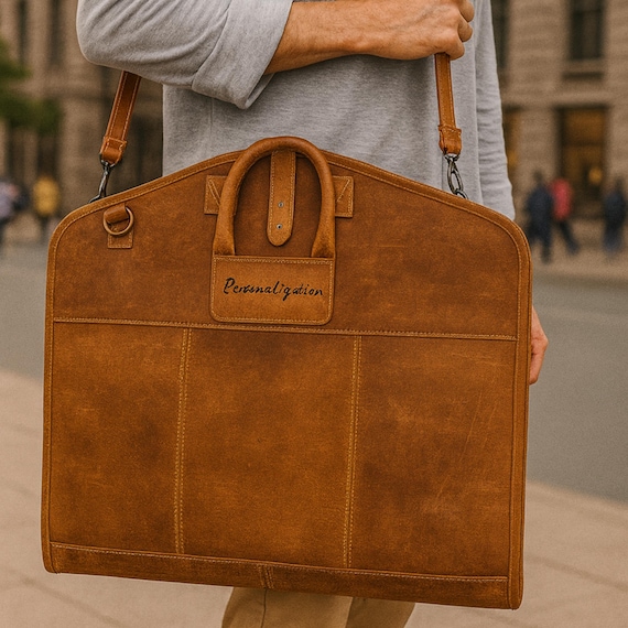 Personalized Leather Suit Carrier, Rustic Full-Grain Garment Bag
