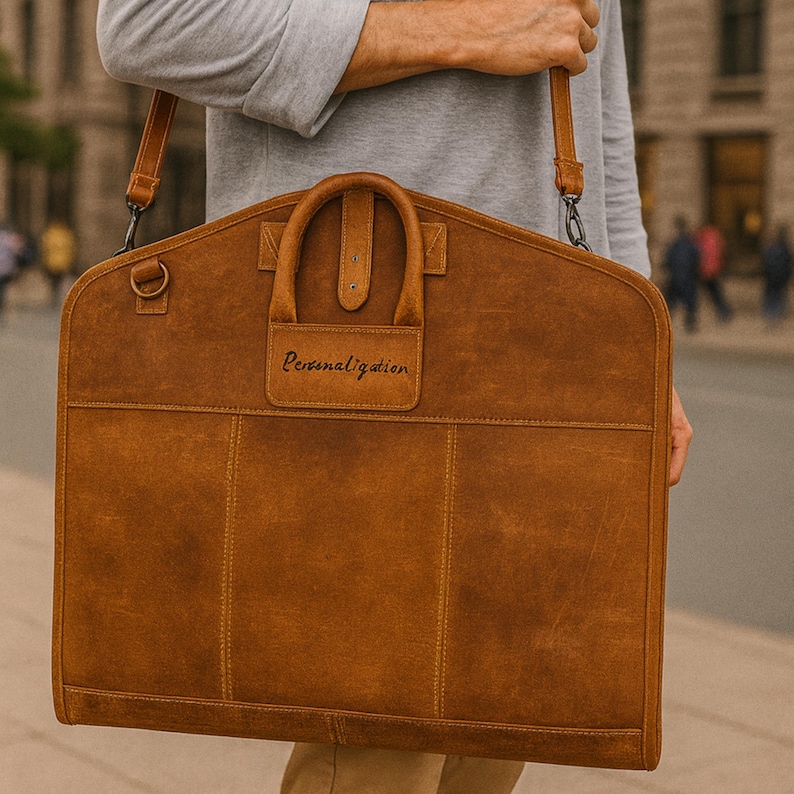 Handmade full-grain leather suit carrier in rustic brown with carry handles and shoulder strap – luxury travel garment bag for men.