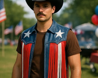 American Flag Leather Fringe Vest, Patriotic Cowboy Festival Outfit, Handmade Unisex Rodeo Biker Style Vest, 4th of July Western Wear.