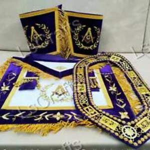 Masonic Grand Lodge Master Mason 100% Lambskin Apron With Chain Collar & Cuffs