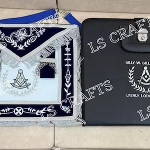 Custom Masonic Blue Lodge Past Master Apron With Custom Case silver Machine Embroidered