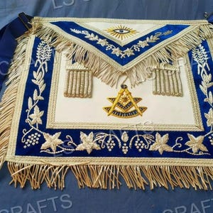 Masonic Past Master Apron Blue Velvet Silver Bullion Hand Embroidered Size 14&quot; x 16&quot; Inches