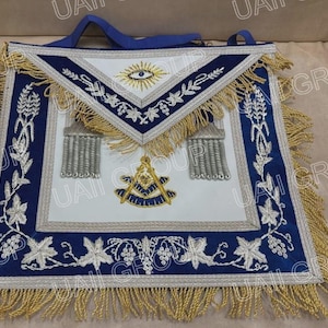 Masonic Past Master Silver & Gold Bullion Hand Embroidered Apron With Fringe