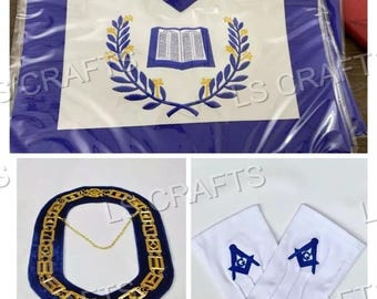 Masonic Blue Lodge Officer Chaplain Apron, Chain Collar With Jewel & Gloves