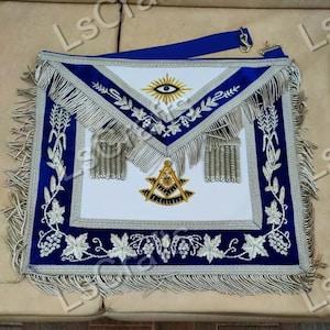 Masonic Past Master Apron Blue Velvet Silver Bullion Hand Embroidered Size 14&quot; x 16&quot; Inches