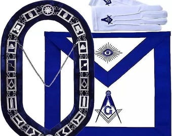 masonic blue lodge set of apron, chain collar and square compass gloves