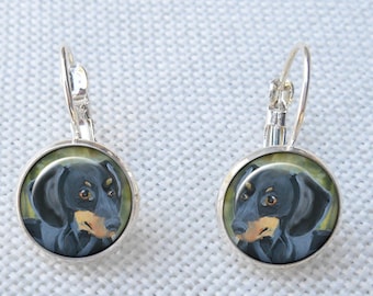 Silver Dachshund Earrings, Hand Painted Pet Portrait, 12mm
