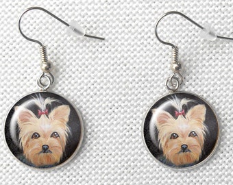 Yorkshire Terrier Dangle Steel Earrings, Original Art, Pet Keepsakes, Gifts for Her, May Birthdays, Yorkie Earrings