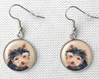 Yorkshire Terrier Puppy Dangle Steel Earrings, Original Art, Pet Keepsakes, Gifts for Her, May Birthdays