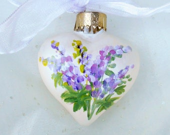 Handpainted Purple Lupines Heart Ornament, Birthday Gifts, Bespoke Gifts, Purple Flowers Ornament