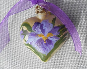 Handpainted Iris Heart Ornament, Cottage Style, Memento, Glass Iris Flower Ornament, Purple Flowers, May Birthdays, Mother's Day