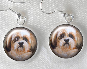 SHITZU DOG GLASS CABOCHON STUD EARRINGS 12MM