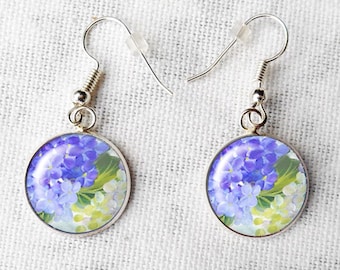 Blue Purple Hydrangeas Drop Earrings, 18mm Hydrangea Earrings, Flower Earrings, May Birthdays, Purple Flower Earrings, Mothers Day Gifts