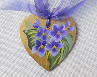 Handpainted Purple Violets on Gold, Mothers Day Gifts, Wood Heart Ornament, 3x3 Inches, Shabby Violets, Cottage Style Memorial Gifts