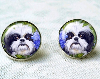 Black & White Shih Tzu Post Earrings, Girlfriend Gift, Pet Keepsake, Shih Tzu Jewelry, Dog Jewelry, Birthday Gift Ideas