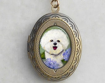 Bichon Frise Antique Gold Locket, Small Locket, Original Art, Bichon Necklace, Pet Mementos, May Birthdays, Mothers Day Gifts