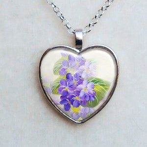 Violets Silver Heart Necklace, Birthday Gifts, Alpha Delta Pi Purple Violets Heart Pendant, Violet Collector Gift, Silver Heart