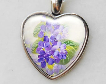 Purple Violets Silver Heart Necklace, Mothers Day Gift, Sorority Flower Heart Pendant, Violet Collector Gift, Silver Heart Necklace