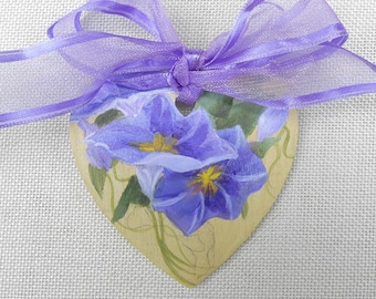 Handpainted Morning Glories Wood Heart Ornament, Cottage Style, Lavender Ornaments, OOAK Gifts, Personalize, Wooden Heart, Easter Ornaments