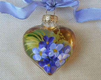 Handpainted Hydrangeas on Gold Heart Ornament, Cottage Style, Memento, Glass Hydrangeas Ornament, May Birthdays, Mothers Day Gifts