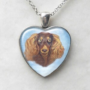 Long Haired Dachshund Silver Heart Necklace, Original Doxie Art, Birthday Ideas