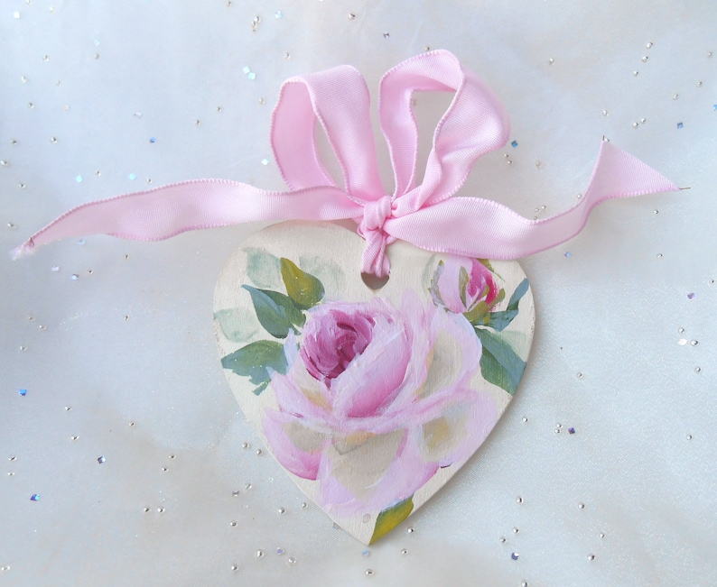 Wooden Heart Handpainted Pink Rose Heart Ornament Personalize Cottage Style OOAK Gifts Pink Ornaments