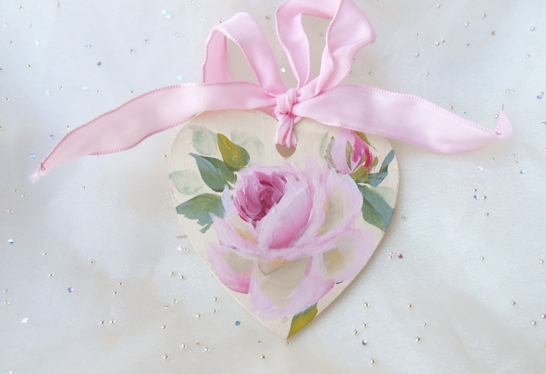 Wooden Heart Handpainted Pink Rose Heart Ornament Personalize Cottage Style OOAK Gifts Pink Ornaments